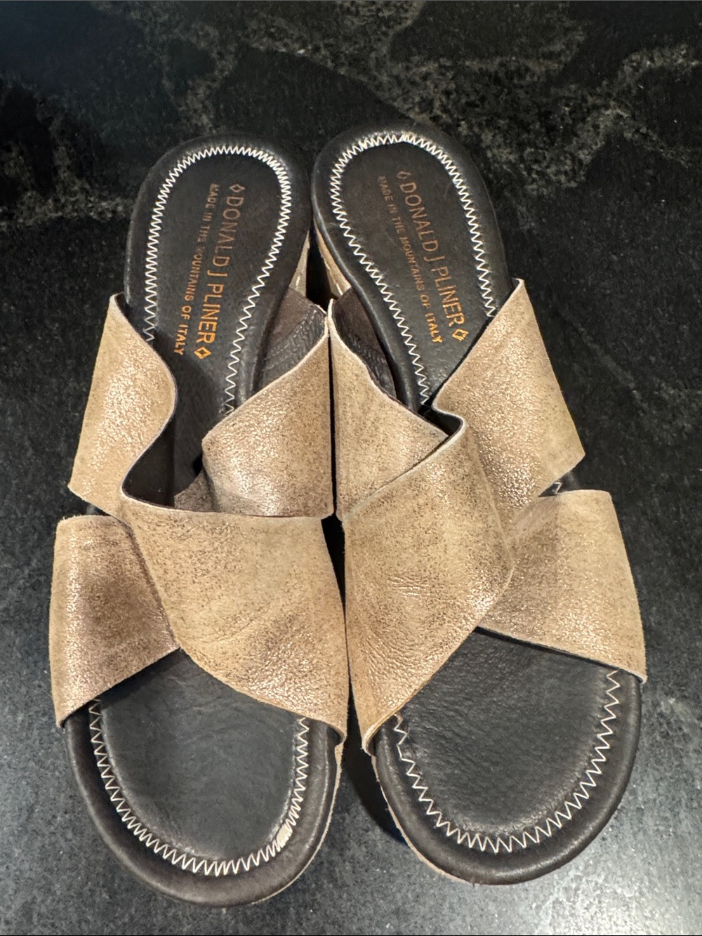 Donald J. Pliner Taupe Metallic Crossover Slide Sandals